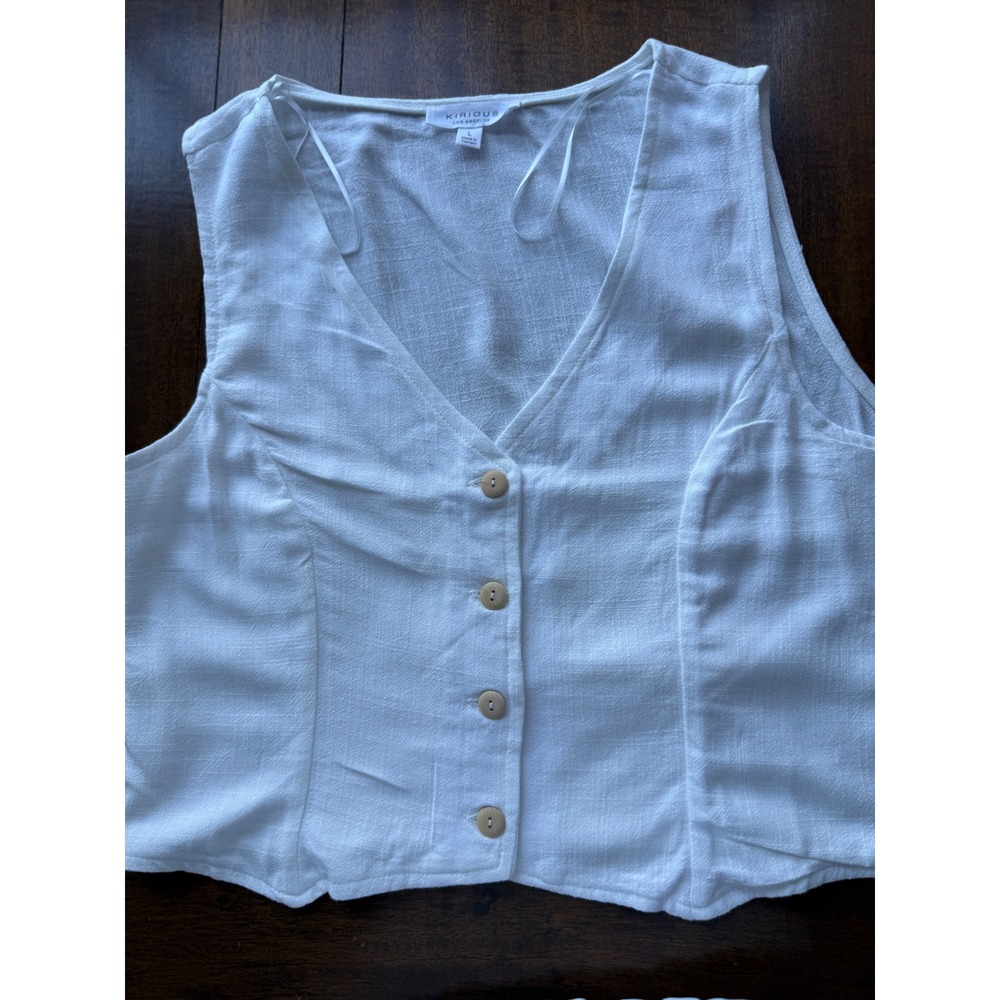Kirious Los Angeles White Linen Blend Button Front Vest Top Cinch Back Womens L